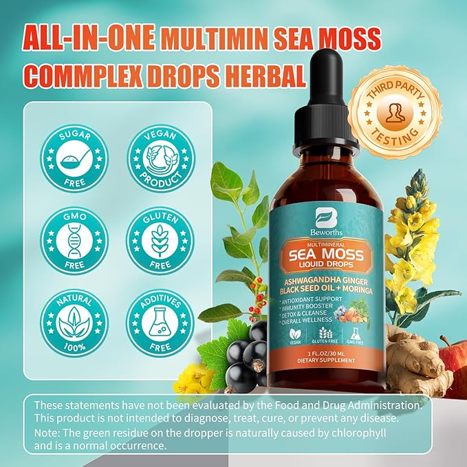 2PACK Sea Moss Drops - Irish Sea Moss Chlorophyll Liquid with Black Seed Oil, Ashwagandha, Moringa, Turmeric, Elderberry, Mullein, Seamoss Gel Supplement for Lung Cleaner, Detox & Gut, Immune Support