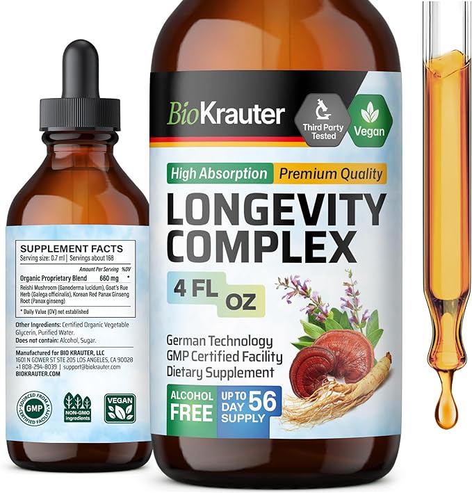 BIO KRAUTER Longevity Mushroom Supplement - Liquid Reishi Mushroom Complex with Goat’s Rue & Red Ginseng Root Extract - Vegan Tincture - Alcohol & Sugar Free Drops 4 Fl.Oz.