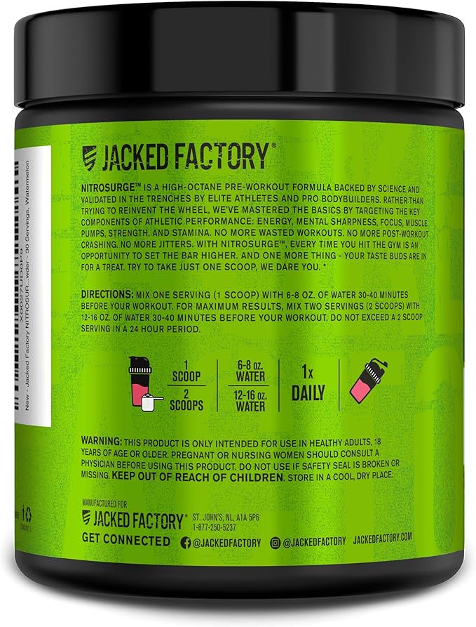 Jacked Factory NITROSURGE Pre Workout Supplement - Endless Energy, Instant Strength Gains, Clear Focus and Intense Pumps - NO Booster & Powerful Preworkout Energy Powder - 30 Servings, Watermelon