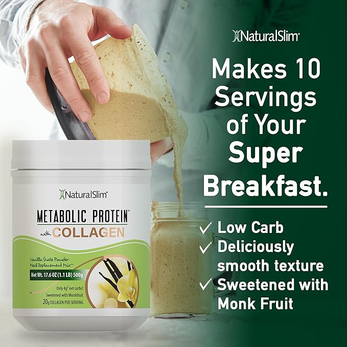NaturalSlim Metabolic Protein Powder with Collagen Vanilla - Hydrolyzed Collagen Protein Powder for Hair, Skin, Bone, Joint, and Metabolism - Low Carb Meal Replacement Shake Mix - 17.6 oz