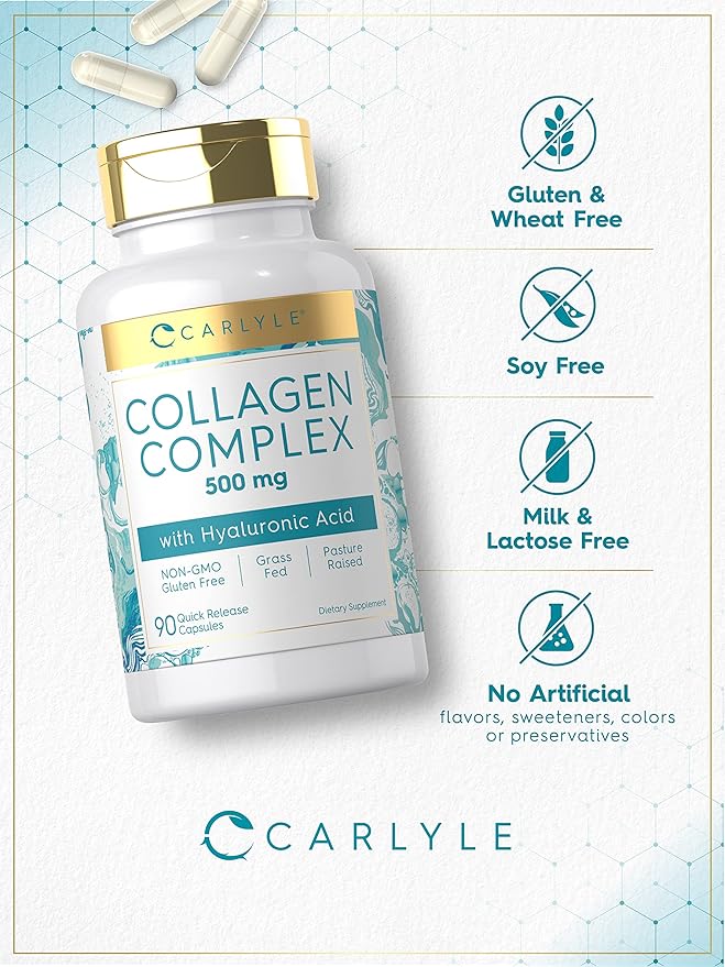 Carlyle Collagen Pills with Hyaluronic Acid 500mg | 90 Capsules | Hydrolyzed Collagen Supplement | Non-GMO, Gluten Free