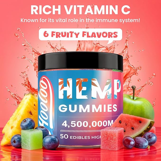 Hemp Gummies Extra Strength for Adults - 6 Fruity Flavors Infused Vitamins, Omega 3 - Chewable Gummy for Deep Bedtimes, Focus, Unwind - Pack of 4 - Made in USA