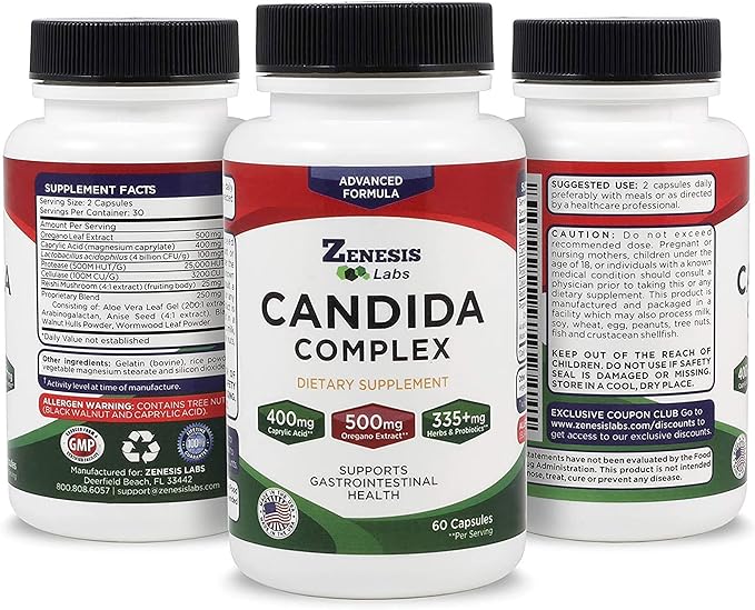 Zenesis Labs Candida Complex Cleanse Detox Caprylic Acid Supplement, Oregano Extract, Probiotics, Enzymes (120 Capsules, 60 Day Supply)