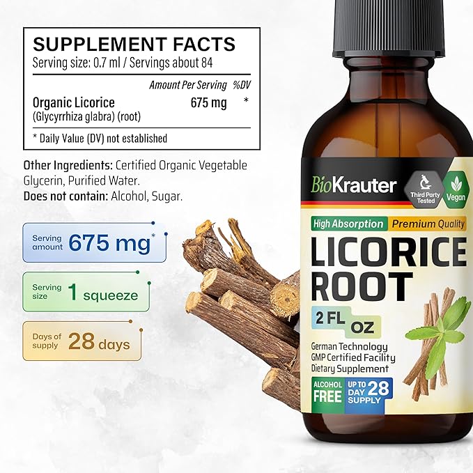 BIO KRAUTER Licorice Root Tincture - Licorice Root Extract for Digestive Support - Alcohol and Sugar Free - Vegan Drops 2 Fl.Oz.