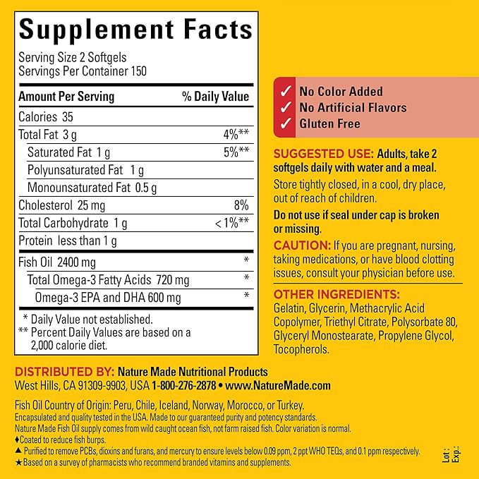 Nature Made Burp Less Fish Oil Omega 3 Supplements, 1200 mg Softgels, Omega 3 Fish Oil for Healthy Heart Support, 300 Softgels, 150 Day Supply
