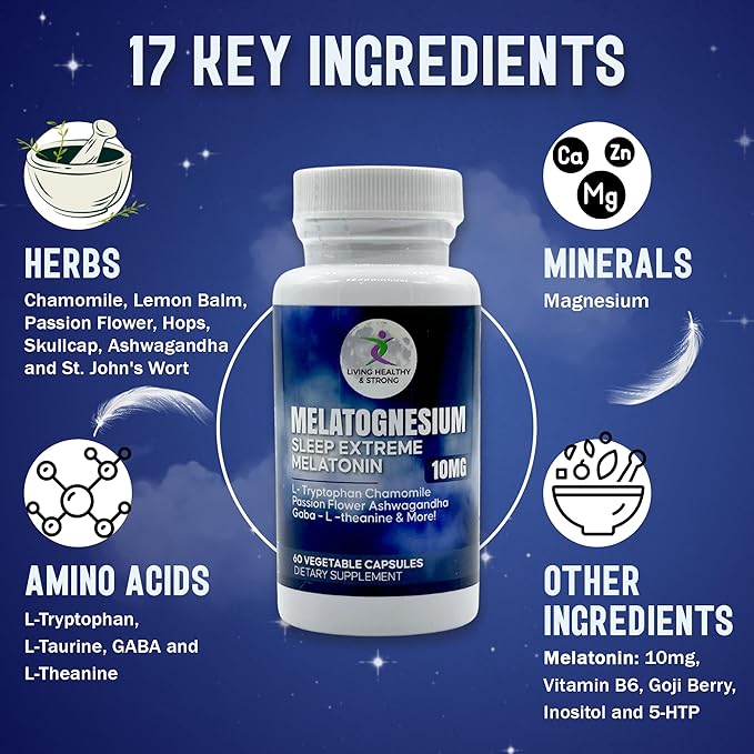 17 in 1 Capsules Melatonin Natural Sleep Aid for Adults. Magnesium for Sleep Support - Drug-Free, Non-Habit Forming, Vegan Capsules. Sleep Supplement