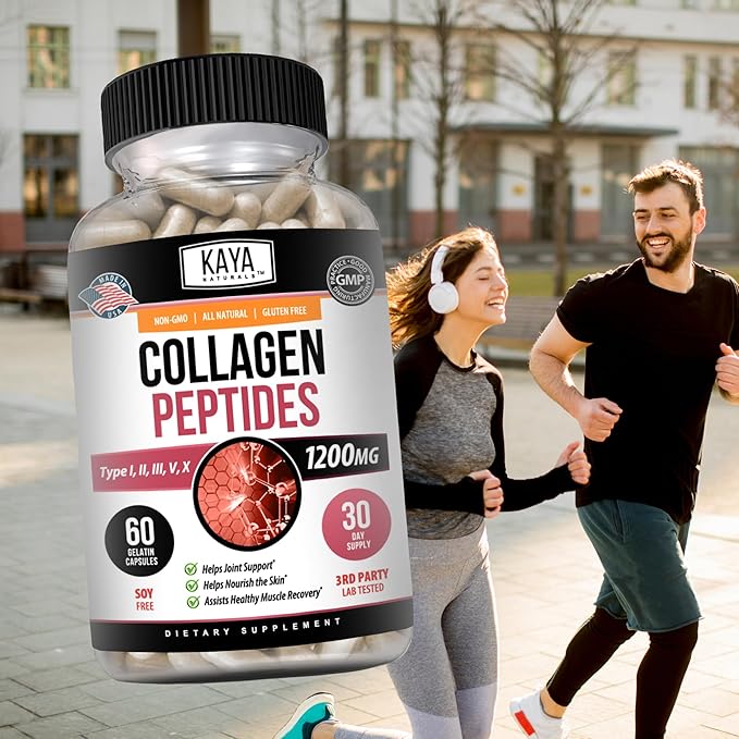 Kaya Naturals Multi Collagen Peptides Complex Powder for Women and Men, Types I, II, III, V & X | 60 Count Capsules