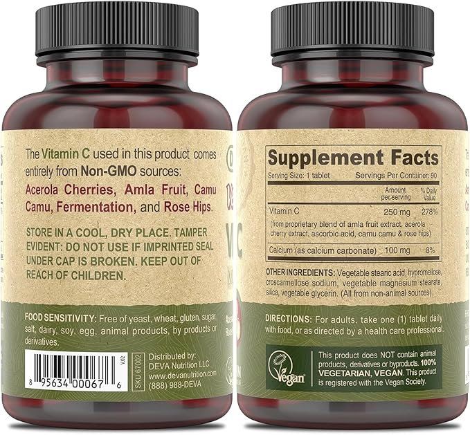 DEVA Vegan Vitamin C 250mg Tablets 2-Pack – Non-GMO, Potent, Multi-Source Food-Based Formulation, 90 Count Ea