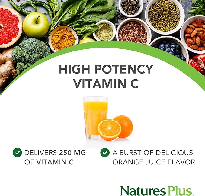 Natures Plus Orange Juice Chewable Vitamin C - 250 mg, 90 Vegetarian Tablets - High Potency Immune Support Supplement, Antioxidant - Gentle On Stomach - Gluten-Free - 90 Servings