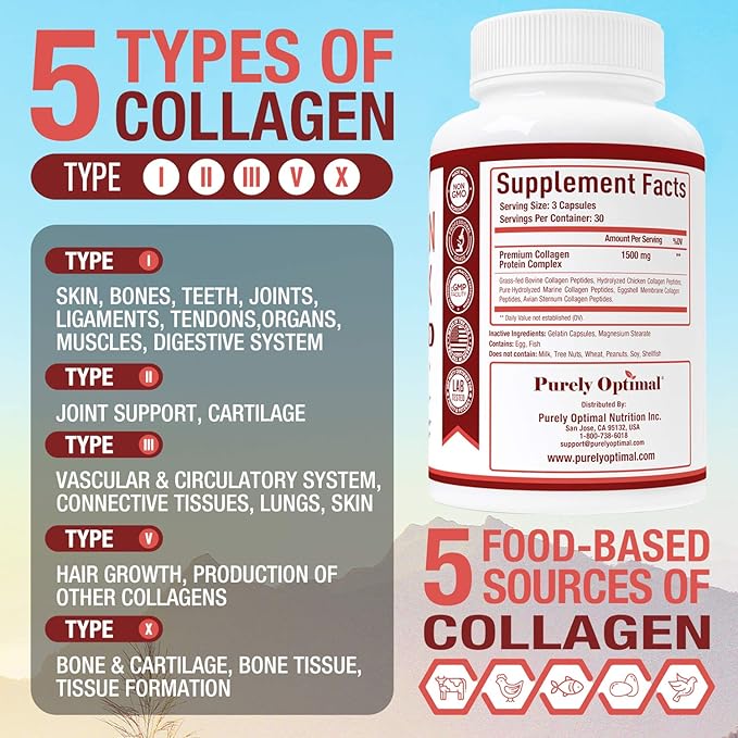 Purely Optimal Premium Multi Collagen Peptides Capsules (Types I, II, III, V, X) + Premium Hair Vitamins Supplement-Gummy Vitamins w/Biotin, Folic Acid, Vitamins A&D