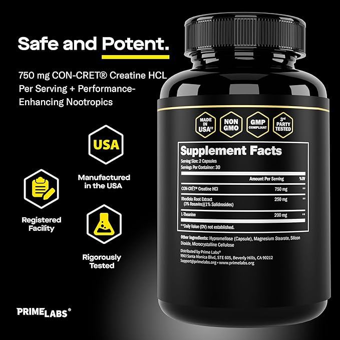 Prime Labs Concrete Creatine HCl Capsules - with CON-CRĒT®, Rhodiola Root Extract, & L-Theanine - Muscle Support, Endurance, Cognitive Function - for Men & Women - 60 Count