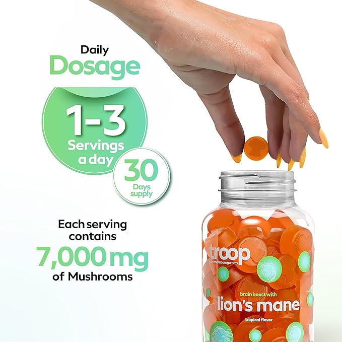 Troop Mushroom Lion's Mane Gummies, Supplement for Focus & Mood, Cognitive, Immune & Memory Support - Brain Boost, Natural Peach Mango Flavored Nootropic with Fruit Body Gummy - Vegan, 60 Count