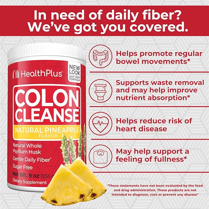 Health Plus Colon Cleanse - Natural Daily Fiber - No Artifical Flavors, Natural Sweetener, Gluten Free, Detox, Heart Healthy, Pineapple Flavor (9 Ounces, 36 Servings)