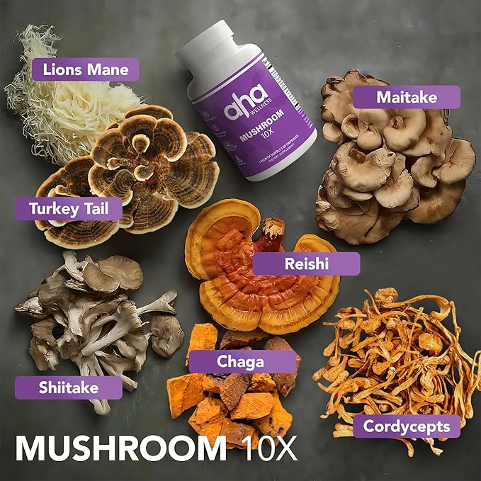 10X Mushroom Supplement, 10 Mushroom Blends Formula, Lions Mane, Turkey Tail, Cordyceps, Reishi, Chaga & More, Immune & Energy Support, 30 Servings, GMO Free