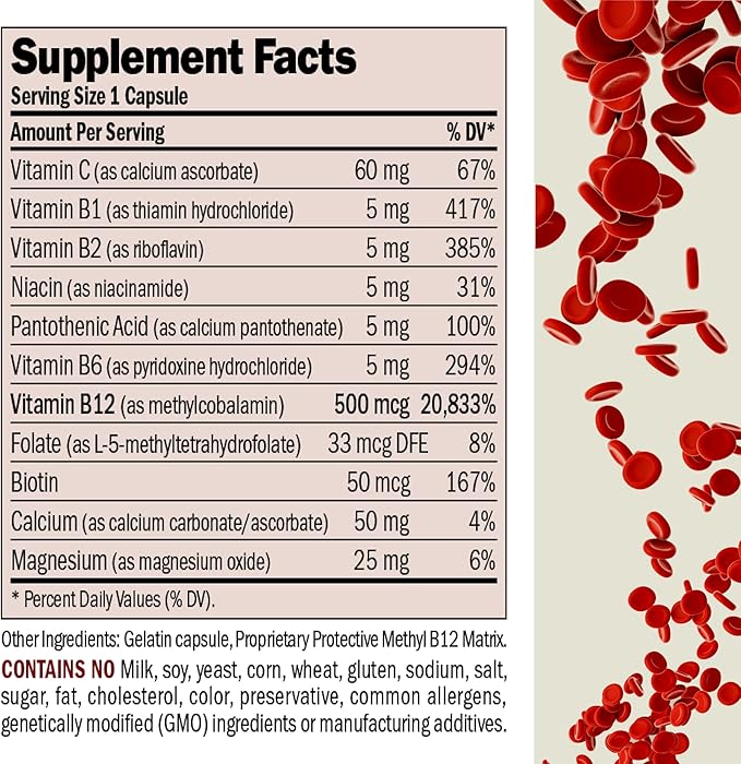 ANDREW LESSMAN Vitamin B12 500 60 Capsules - Absorption-Protected Methylcobalamin (Natural Coenzyme Vitamin B12), Essential for Energy and Stress Support, Plus B-Complex, Easy to Swallow Capsules
