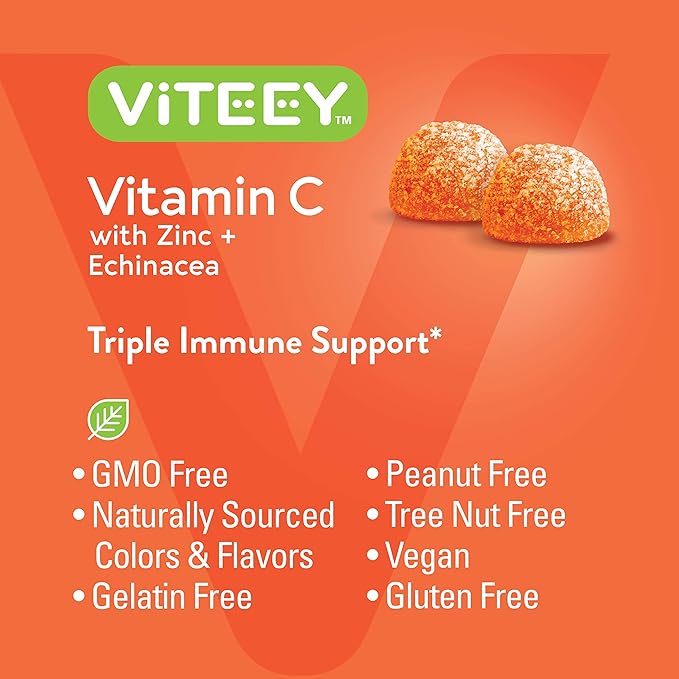 Vitamin C Gummies for Adults & Teens with Zinc & Echinacea - Immune Support Gummies - Vegan, Gelatin Free, Gluten Free, GMO Free - Tasty Vitamin C Chewable Orange Flavored Gummy