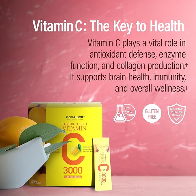 Pure Buffered Vitamin C 3000 mg per Serving, Dietary Supplement for Immune Support - 60 Sticks x 1 Box, 2 Months Supply (60 Count)