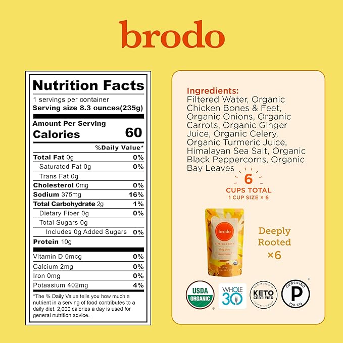 Brodo Deeply Rooted Organic Chicken Broth with Turmeric & Ginger, Nutrient-Rich Chicken Bone Broth Organic, High in Protein and Collagen for Wellness and Cooking, (6x 8.3 oz. Pouches)