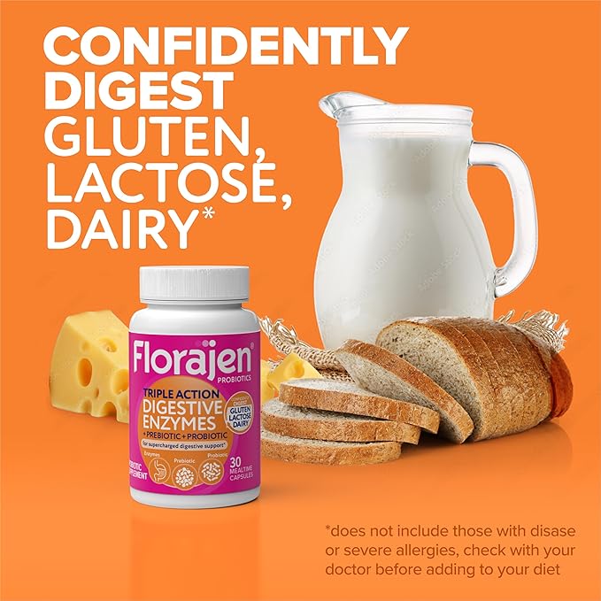 Florajen Digestive Enzymes with Probiotics and Prebiotics for Women and Men - Digestive Health, Gut Relief & Bloating - Triple Action Formula - 30ct