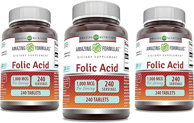 Amazing Formulas Folic Acid 1000 mcg (1 mg) Tablets Supplement | Vitamin B9 | Non-GMO | Gluten Free | Made in USA (240 Count | 3 Pack)