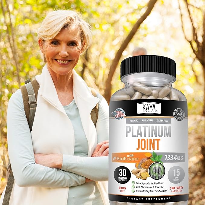 Kaya Naturals Platinum Mobility Turmeric - Bioperine, Glucosamine, Turmeric with Boswellia, Healthy Natural Mobility Support, Turmeric Curcumin 1334mg - 30 Capsules