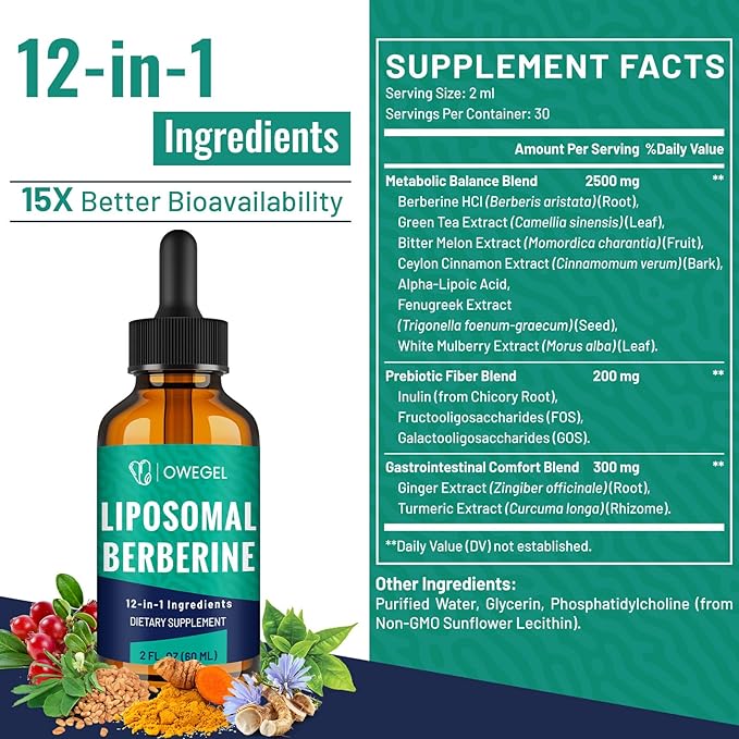 Berberine HCL Supplement with Ceylon Cinnamon - Highly Absorbable Liposomal Berberine Liquid Drops 3000mg- 12 in 1 Natural Ingredients - AMPK Activator - 2 Fl Oz