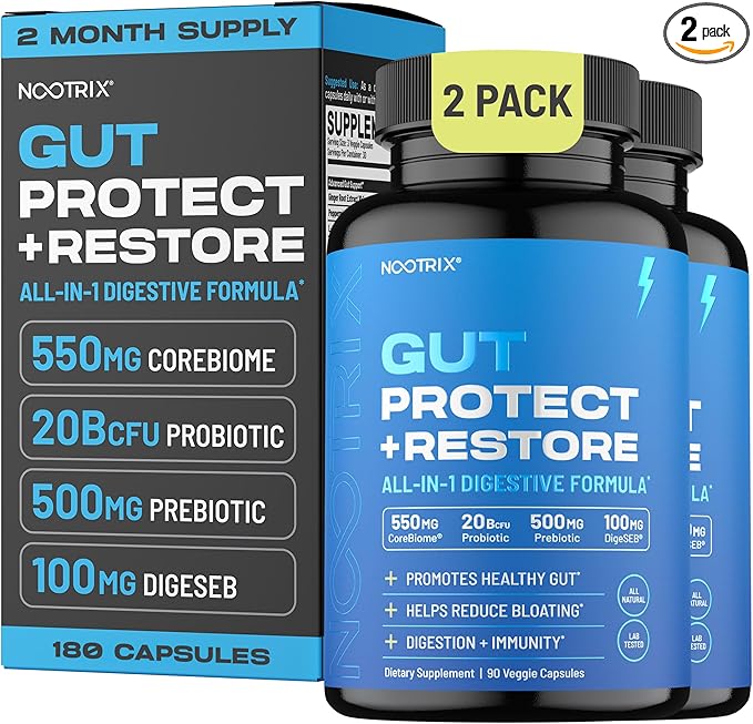 Gut Protect and Restore Supplement | Probiotics for Gut Health, Colon Cleanse & Bloating Relief | Promotes Healthy Digestion | Digestive Enzymes, Postbiotics & Prebiotics | 180 Capsules