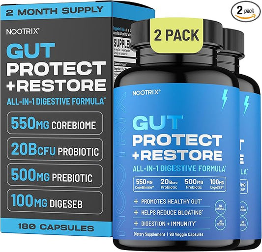Gut Protect and Restore Supplement | Probiotics for Gut Health, Colon Cleanse & Bloating Relief | Promotes Healthy Digestion | Digestive Enzymes, Postbiotics & Prebiotics | 180 Capsules
