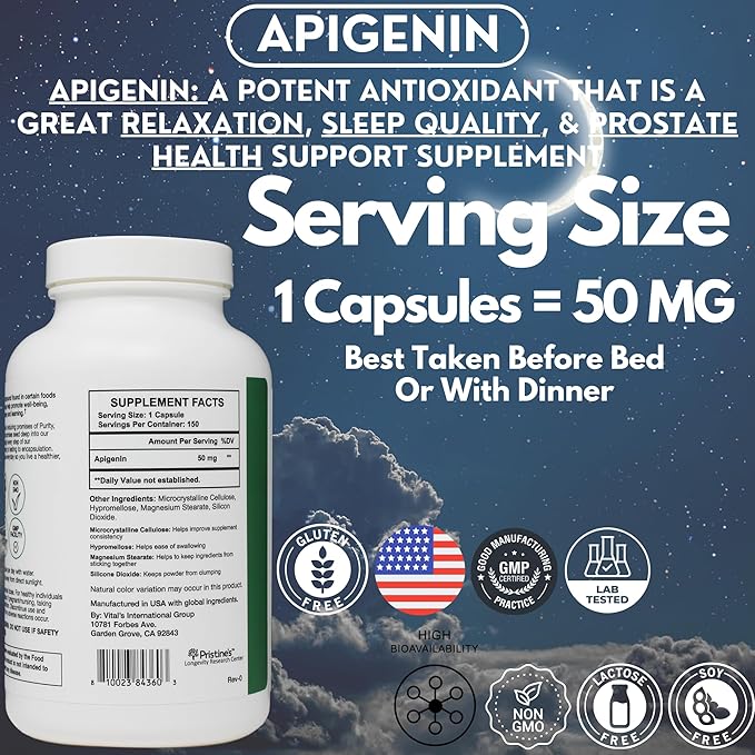 PRISTINE'S Apigenin Supplement for Sleep Capsules - 50mg 150 Day Supply - Prostate & Sleep Support Found in Chamomile Powder for Relaxation, Healthy Aging, Brain & Heart Health, & Immunity