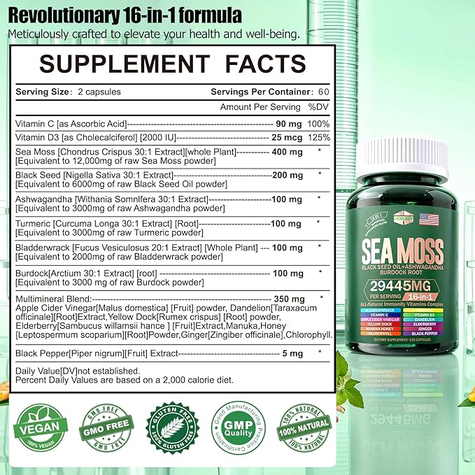 Sea Moss 12000mg Black Seed Oil 6000mg Ashwagandha 3000mg Turmeric 1000mg Bladderwrack 2000mg Burdock 3000mg & Vitamin C & D3 with Elderberry Manuka Dandelion Yellow Dock Iodine Chlorophyll ACV