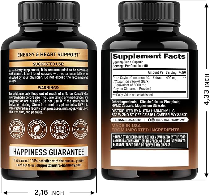 Ceylon Cinnamon Capsules - Extra Strength - Energy, Heart & Metabolism Support - for Men & Women - Pure Natural Extract 20:1 Supplement - Made in USA - GMO & Gluten Free, 60 Capsules, 2 Month Supply
