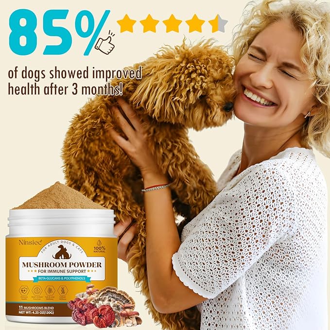 Organic Mushroom Supplement Powder for Dogs & Cats – 11 Mushroom Complex with Turkey Tail, Reishi & Cordyceps, Supports Lipoma, Lumps & Bumps Relief, Immune & Skin Health, 120g