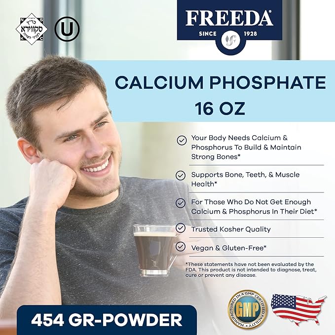 Freeda Calcium Phosphate Powder - Kosher Calcium Supplement for Men & Women, Animal Bone Health & Joint Support for Dogs & Cats - Calcium and Phosphorus Supplement - Calcium Without Vitamin D, 16oz