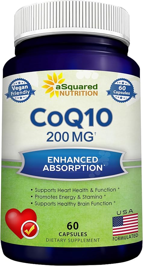 aSquared Nutrition CoQ10 200mg - 60 Capsules - CO Q 10 Supplement - Coenzyme Q10 Ubiquinone Pills - Vegan CoQ-10 Extra Antioxidant Vitamin - Alternative to Softgels & Gummies