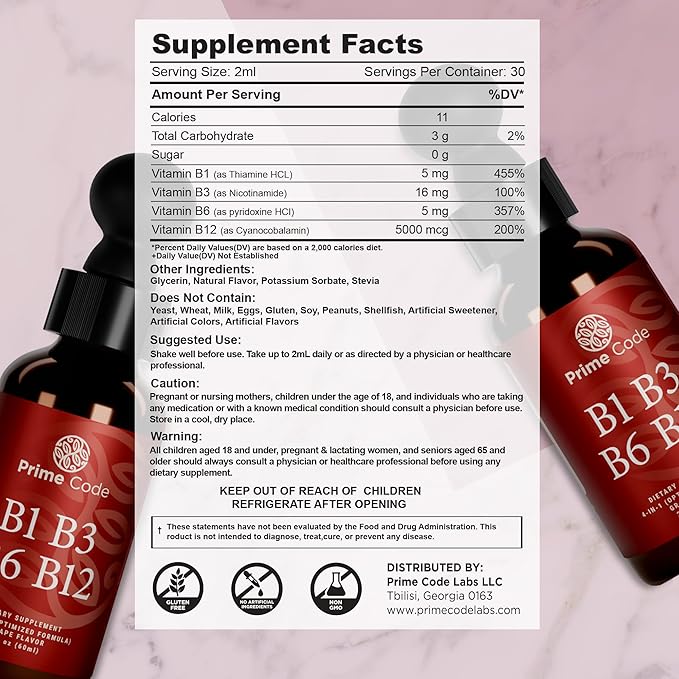 Prime Code Liquid Vitamin B1 Drops with Vitamin B3 B6 & B12 | B Complex Liquid Supplement | Thiamine Supplement for Adults | High Absorption | Immune Support | Non-GMO | Gluten-Free