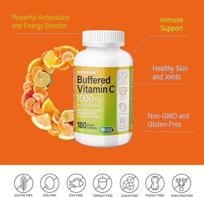 Buffered Vitamin C 1000 mg with Organic Turmeric - Antioxidant & Immune Support - Healthy Skin & Joints - Gluten & Dairy Free - 120 Vegan Capsules, 120 Day Supply