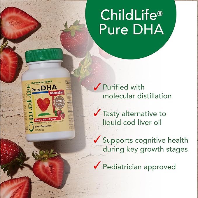 CHILDLIFE ESSENTIALS Pure DHA for Kids - DHA Supplements, DHA EPA Omega 3 Supplement, Children DHA Chewables, Baby DHA, Fish Oil for Toddlers, Gluten Free - Natural Berry, 90 Softgels (Pack of 1)