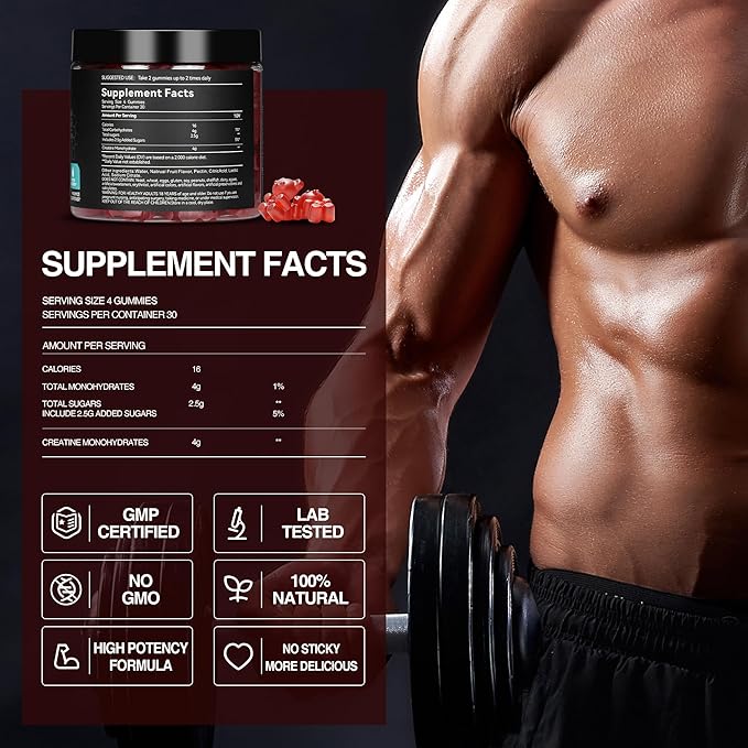 Creatine Monohydrate 4000mg for Men & Women,Creatine Mixed Berry Gummies for Muscle Strength, Builder, Energy Boost, Pre-Workout Supplement, 120 Count (120 Count, Strawberry)