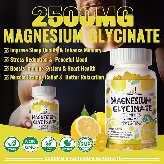 Magnesium Glycinate Gummies 2500mg - Sugar Free Magnesium Potassium Supplement with Vitamin D, B6, CoQ10 for Calm Mood & Sleep Support - 90 Lemon Gummies