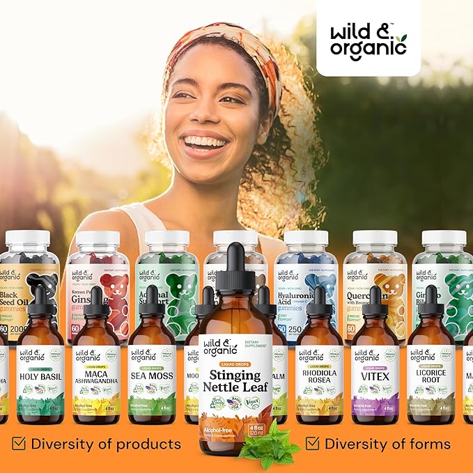 Wild & Organic Stinging Nettle Leaf Tincture - Urinary Tract Support - Stinging Nettle Extract Liquid Drops - Urtica Dioica Supplement - 5-Month Supply - Vegan, Sugar & Alcohol-Free - 4 fl oz
