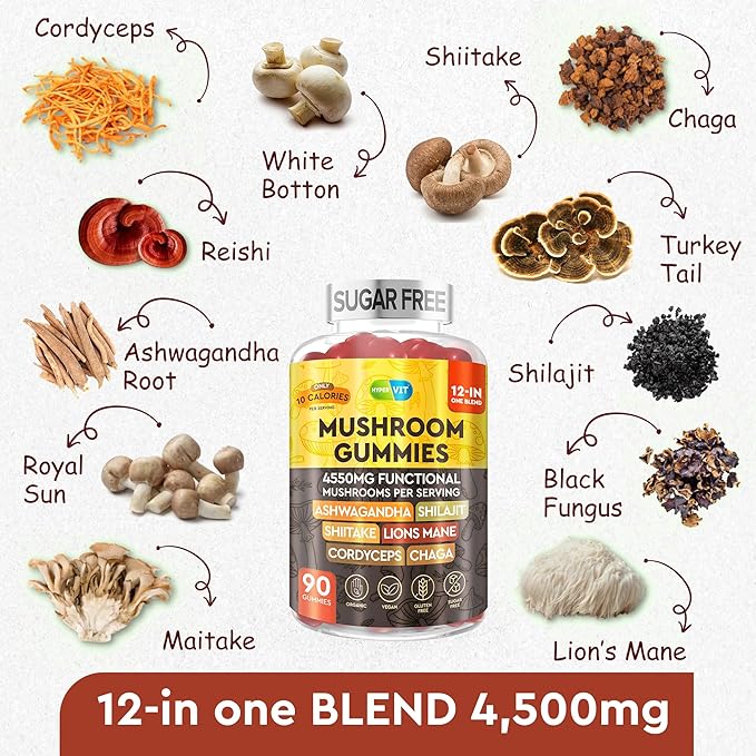 12in1 Mushroom Gummies 4550mg w Ashwagandha Shilajit Lion’s Mane Cordyceps Shiitake Chaga - Complex Mushrooms Supplement for Adults - Energy and Cognitive Focus – Sugar Free - 90 Count (45 servings)