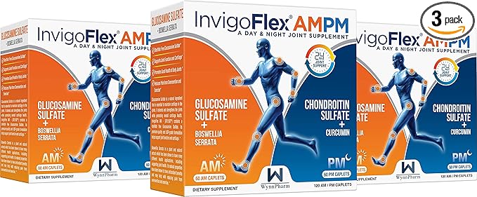 INVIGOFLEX Glucosamine & Chondroitin Sulfate - Turmeric Curcumin - Boswellia Serrata (Non GMO) 24 - Hour Premium Joint Supplement AMPM - 3 Pack