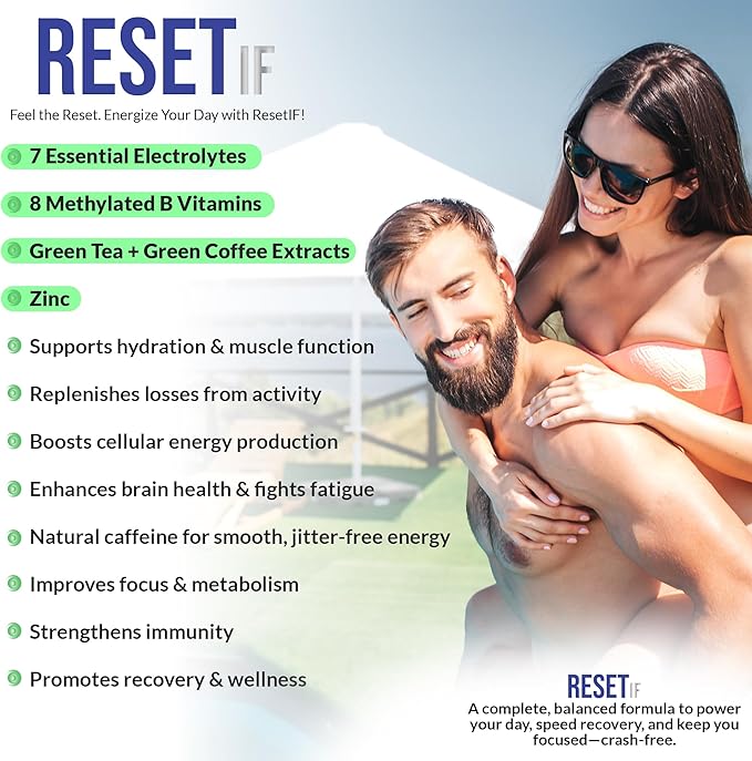 ResetIF, 7 Energy Electrolytes, Methyl B12 & Methly Folate, Green Tea & Green Coffee Extracts, B Complex, Zinc, 72 Trace Minerals