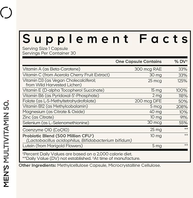 Codeage Men's Multivitamin 50 - Essential Vitamins & Minerals for Men Over 50 - Daily Multivitamins for Men Supplement - Vitamin A, C, D3, E, B6, B1, CoQ10, Probiotics, Lutein - Non-GMO - 30 Capsules