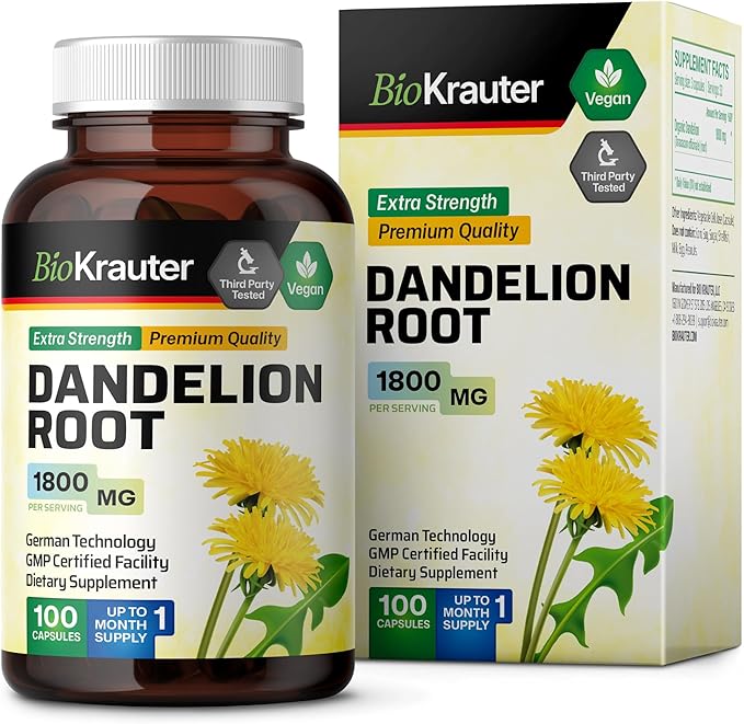 BIO KRAUTER Dandelion Root Capsules - 1800 mg Strength - 100 Count - Dandelion Root Supplement - Vegan Capsules for Liver Support