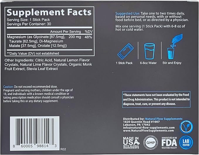 Magnesium Powder Drink Mix Packs - Lemon/Lime - Natural Flow 4X Magnesium Glycinate, Taurate, Malate, Orotate Supplement, Calm Sleep and Cramp Support Blend, No Mag Citrate or Oxide, 30 Stick Packs