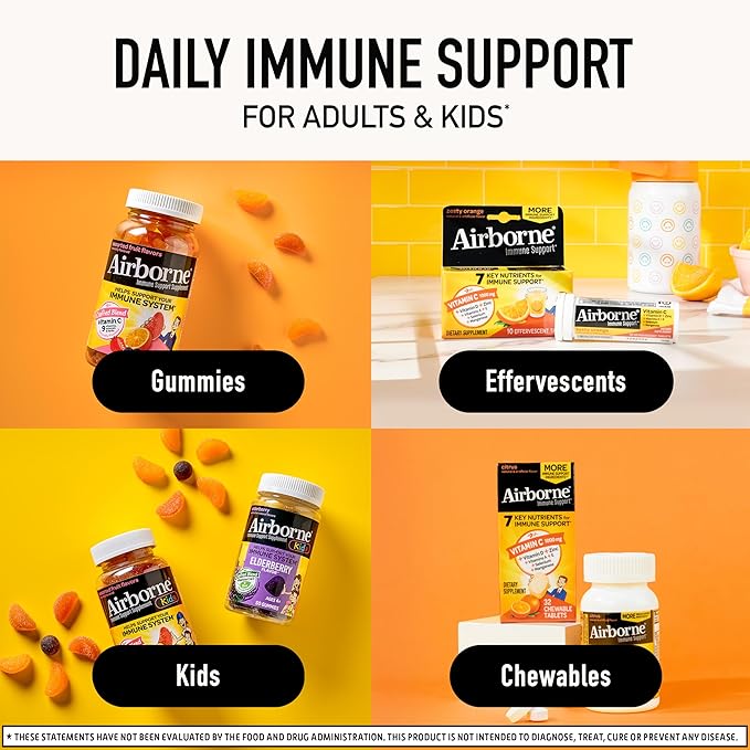 Airborne Vitamin C 1000mg (per Serving) - Zesty Effervescent Tablets, Gluten-Free Immune Support Supplement, Echinacea & Ginger, Orange, Citrus, 30 Count (Pack of 3)
