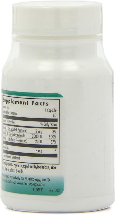 Nutricology Super D3 Dietary Supplement - Bone & Immune Support, Cholecalciferol with C & E, Vegetarian Capsules, Gluten Free - 60 Count