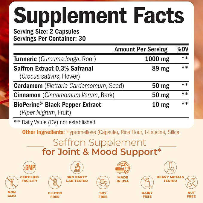 Saffron Supplements - Turmeric Curcumin Supplement with Black Pepper, Saffron Extract, Cardamom and Cinnamon Pills for Mood, Memory, Eye Health. Joint Supplements for Women & Men. 120 Capsules 2 Pack