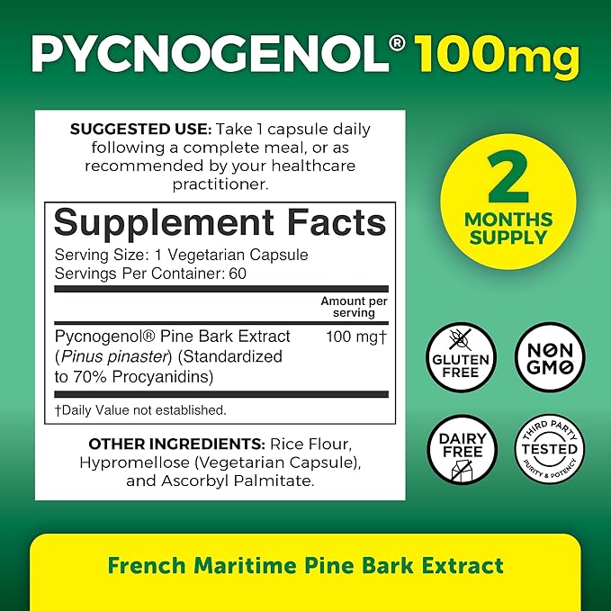 Pycnogenol 100mg from French Maritime Pine Bark Extract Capsules - Healthy Blood Circulation Supplements, Antioxidant Protection, Joint Support and Immune Support - 60 Pycnogenol Supplements